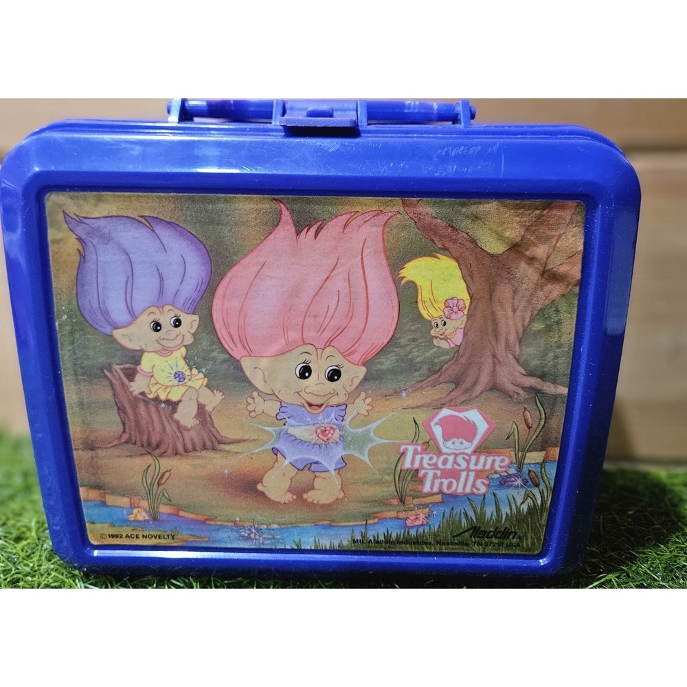 Vintage 1992 Treasure Trolls Aladdin Thermos Lunch Box Set Purple ACE Novelty